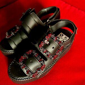 T.U.K. Black TUKskin 2-Buckle Diamond Jeweled Sandal